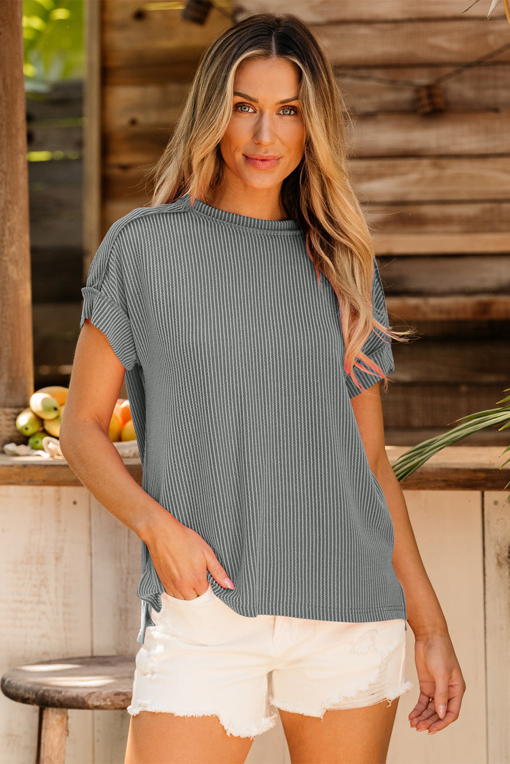 Bonbon Textured Knit Exposed Stitching T-shirt