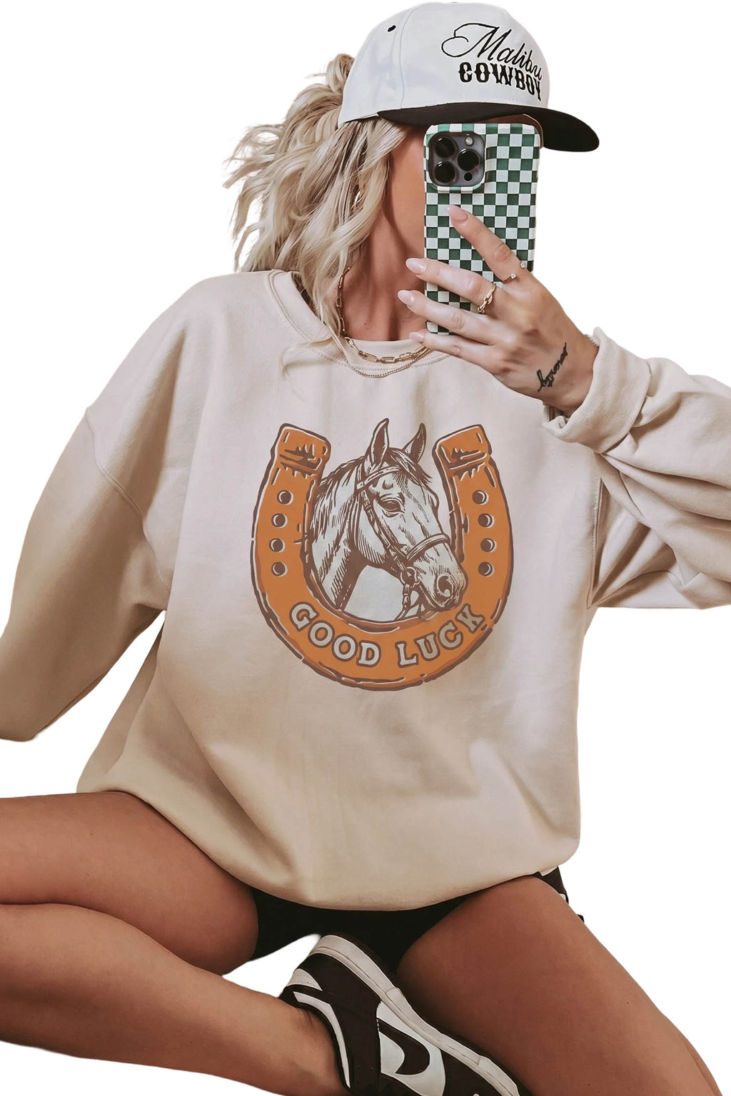 Beige GOOD LUCK Western Horse Print Oversized Pullover Sweatshirt