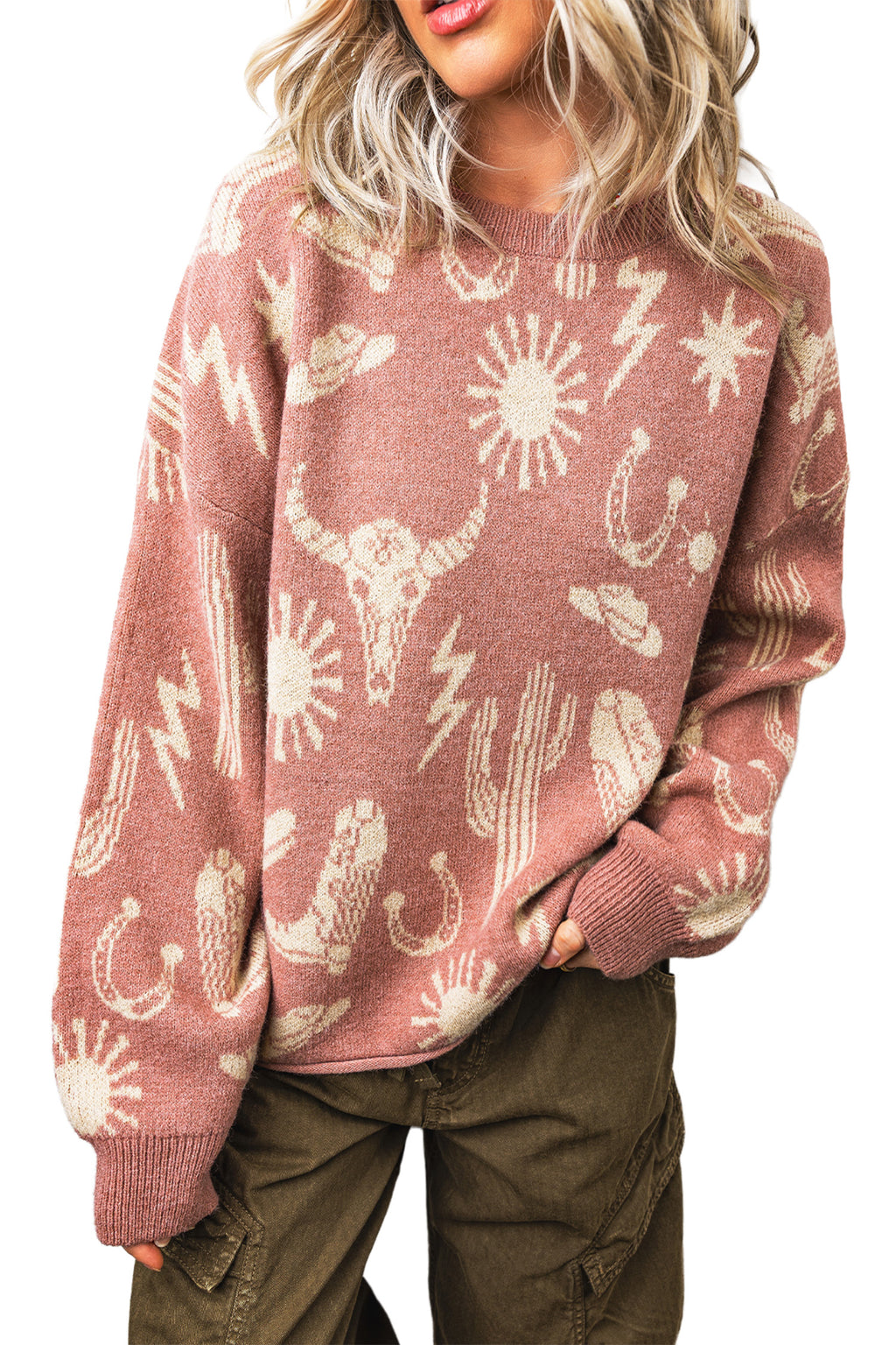 Peach Blossom Western Print Drop Shoulder Round Neck Long Sleeve Sweater