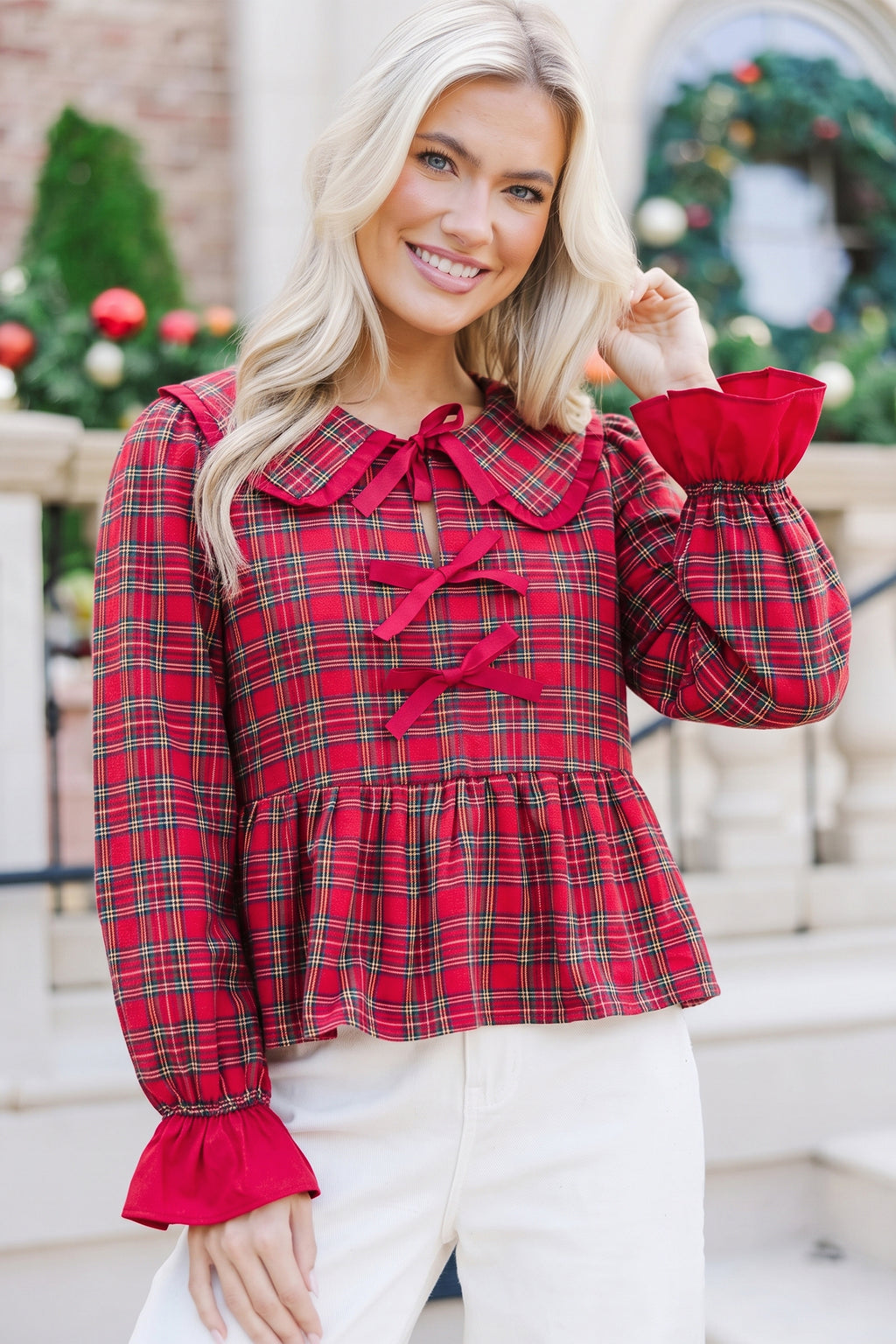 Red Plaid Tie Neck Ruffle Cuffs Long Sleeve Shift Blouse
