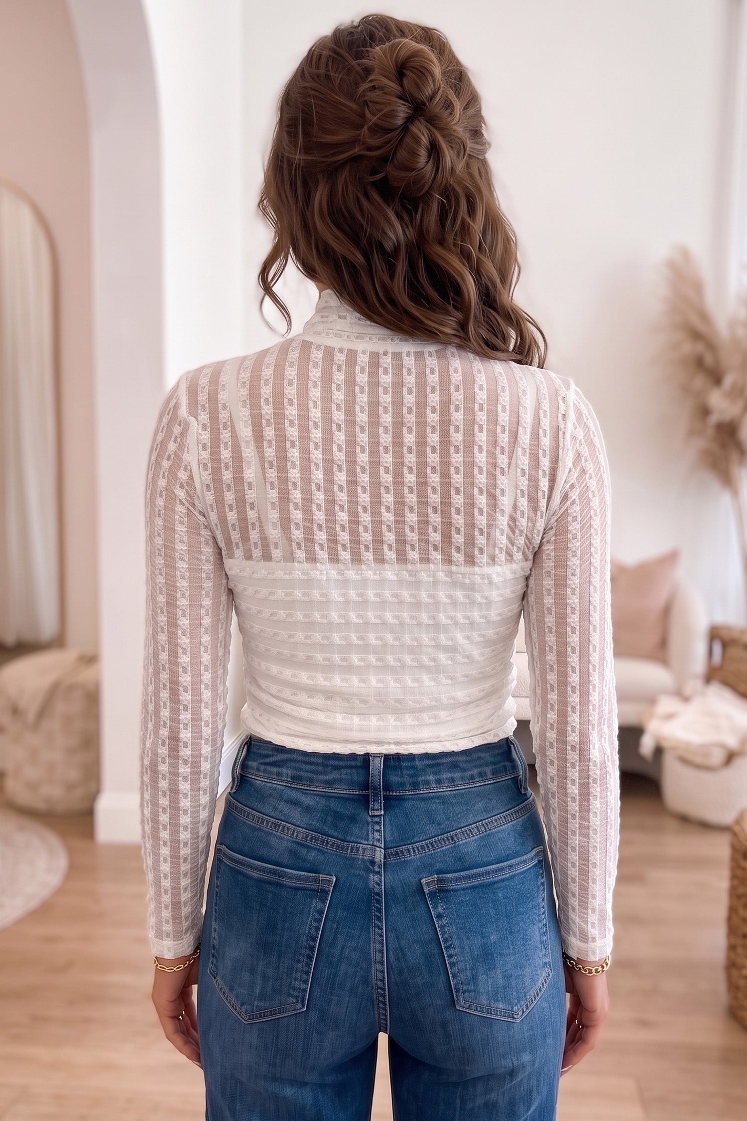 Beige Textured Sheer Lace High Neck Long Sleeve Top