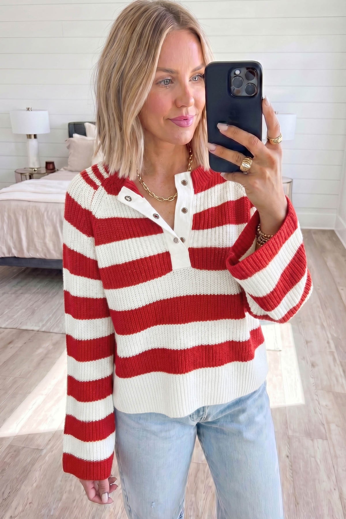Red Stripe Striped Colorblock V Neck Long Sleeve Shift Sweater
