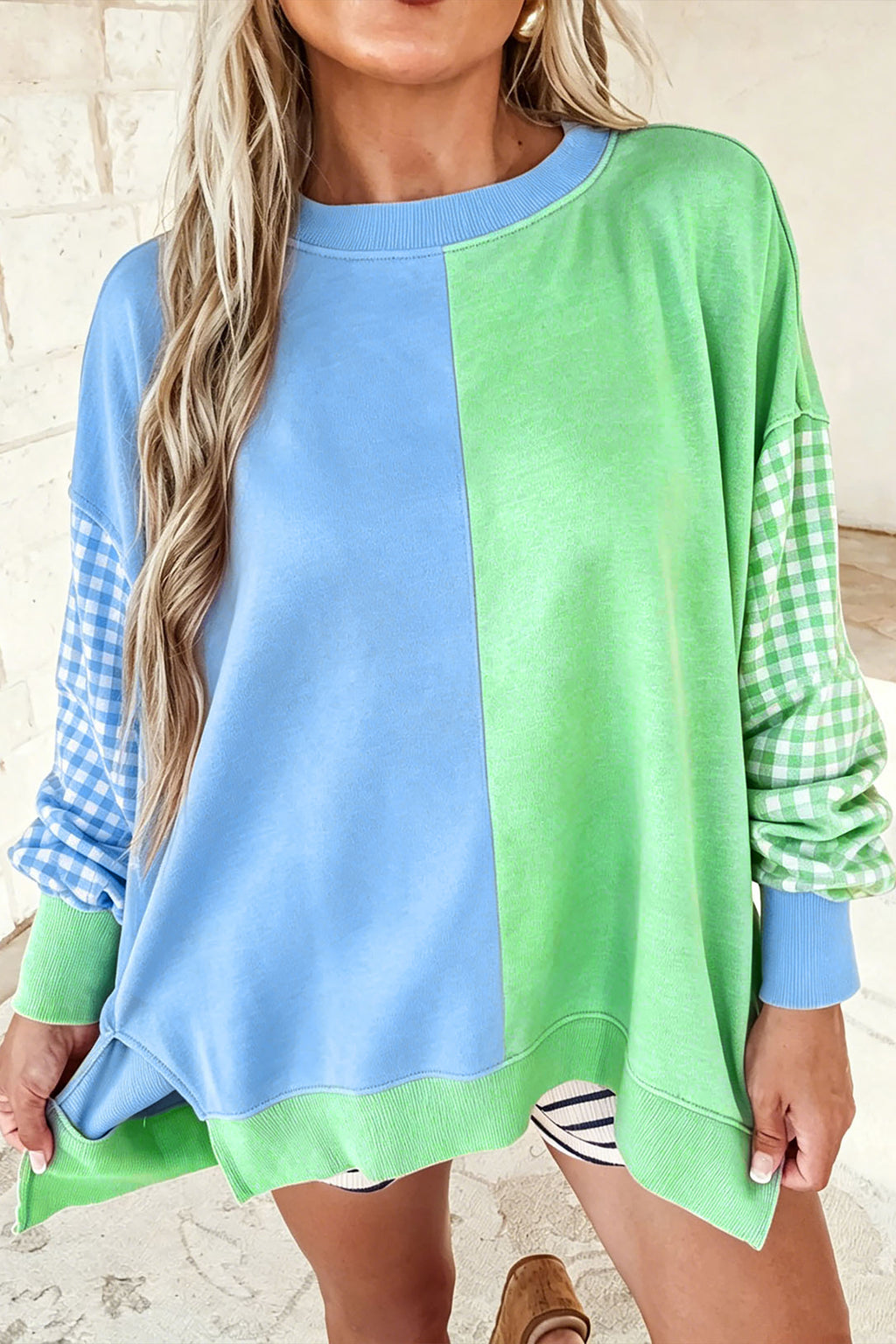 Light Blue Colorblock Gingham Sleeve Crewneck Sweatshirt
