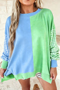Light Blue Colorblock Gingham Sleeve Crewneck Sweatshirt