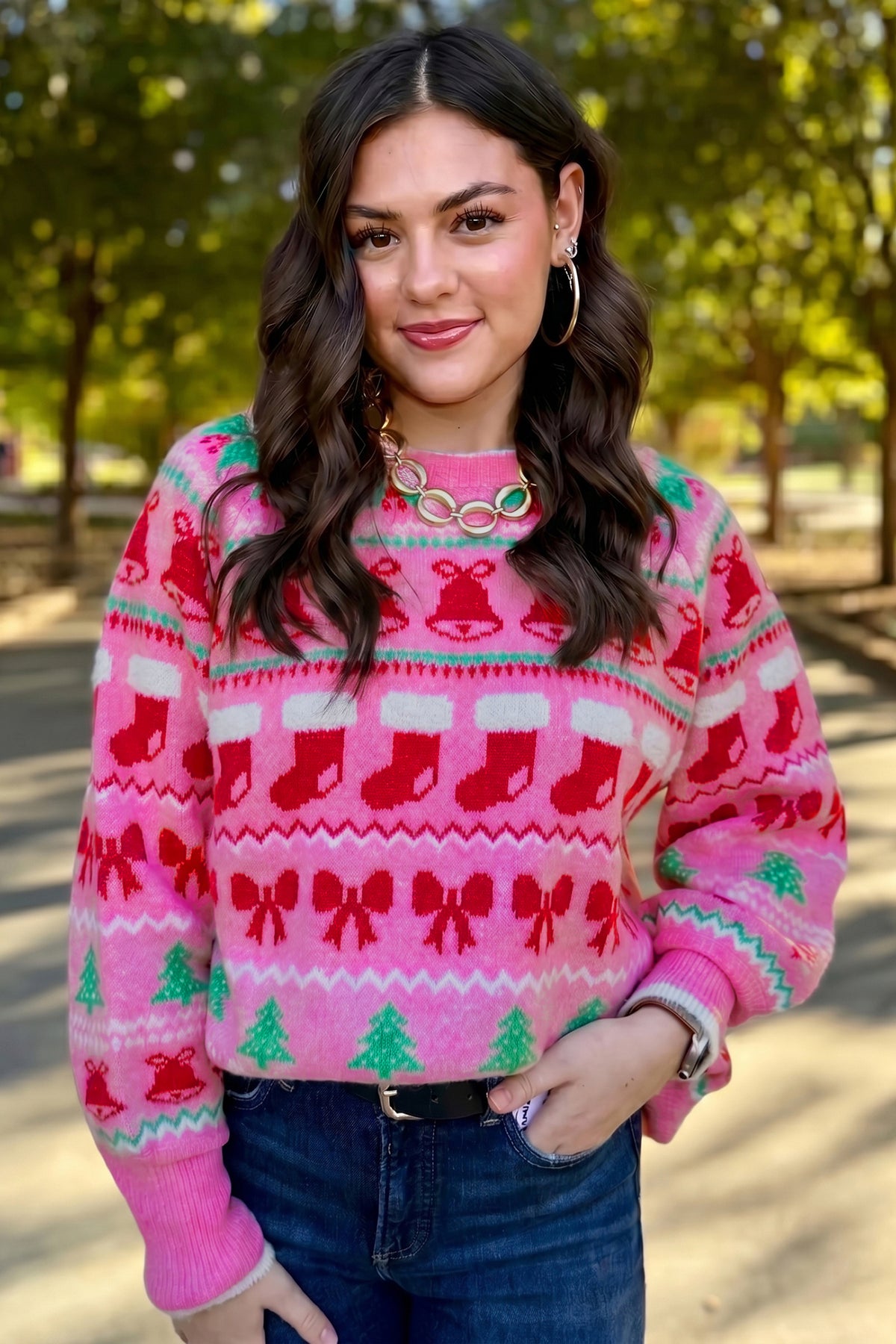 Pink Christmas Holiday Graphic Round Neck Knit Sweater