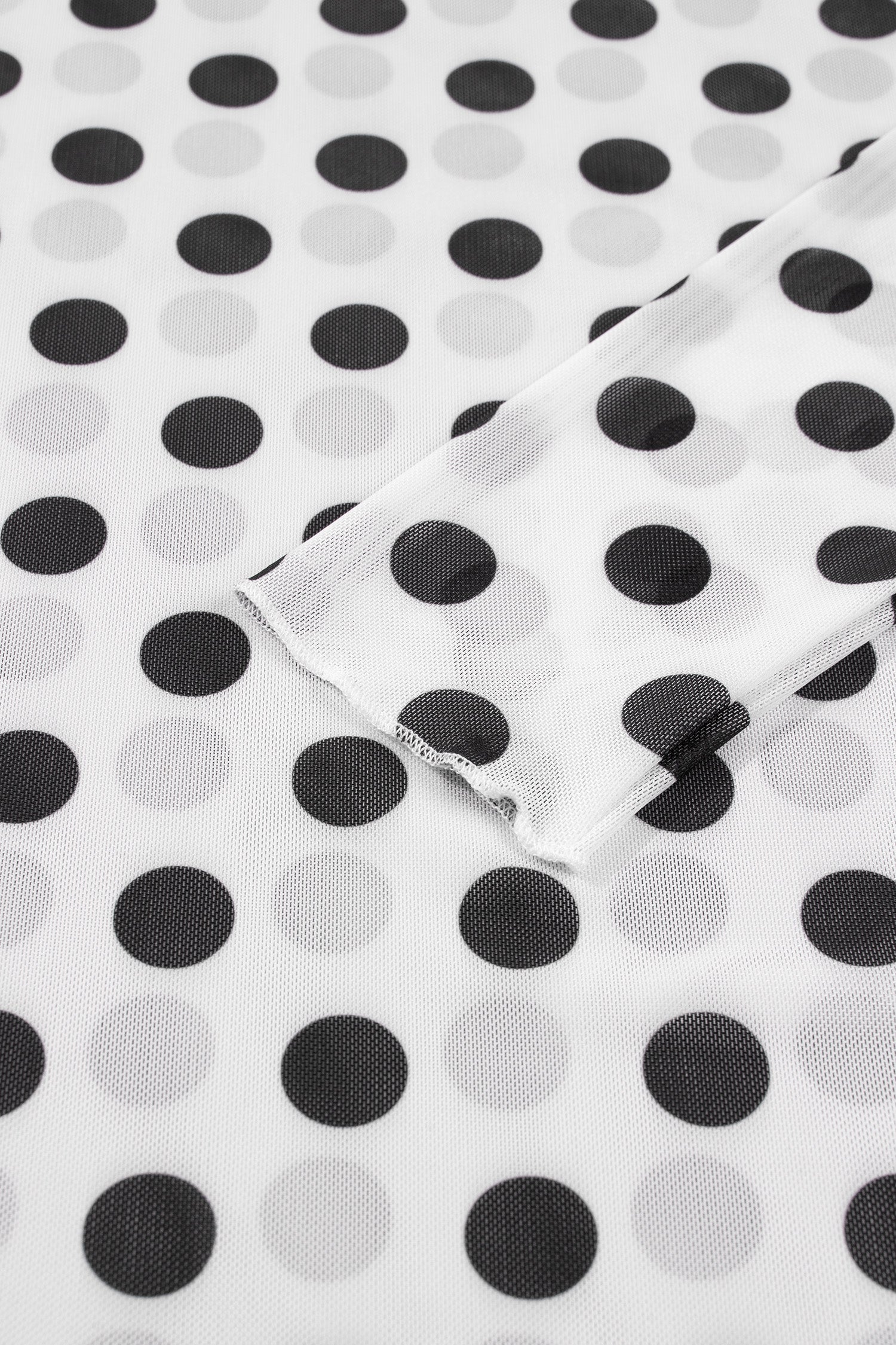 White Polka Dot Sheer Long Sleeve Round Neck Slim Top