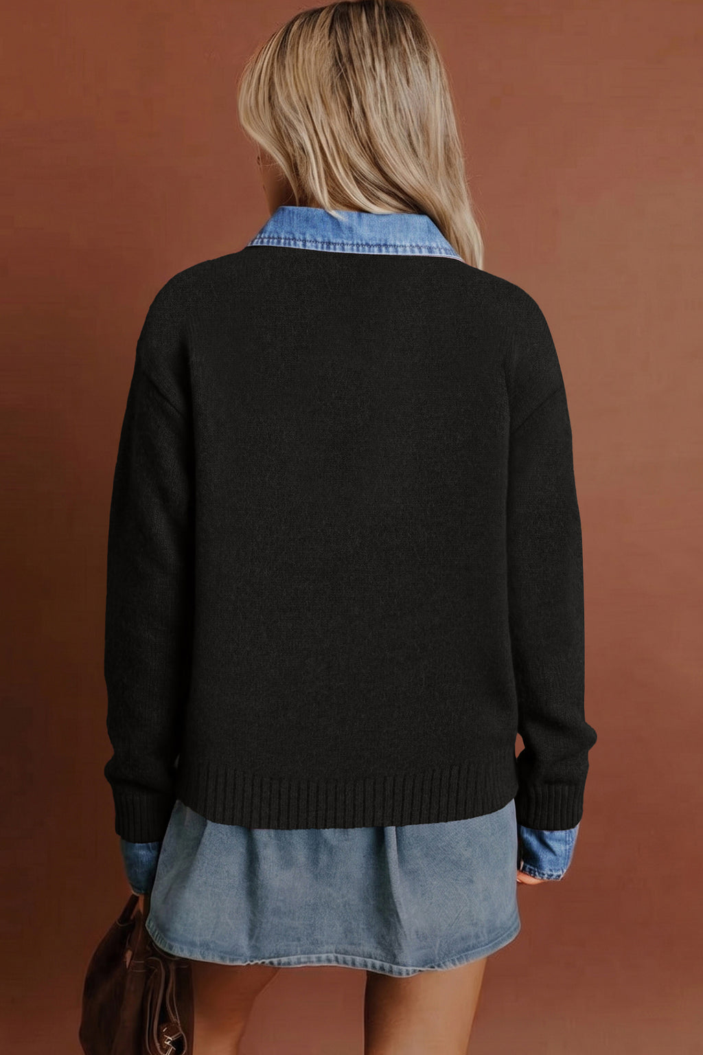 Black Denim Patchwork Collar Cuffed Casual Sweater