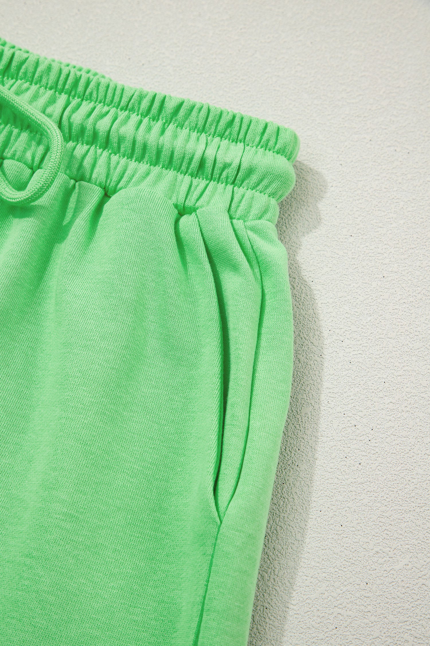 Green Solid Color Puffy Loose Top Drawstring Shorts 2pcs Outfit