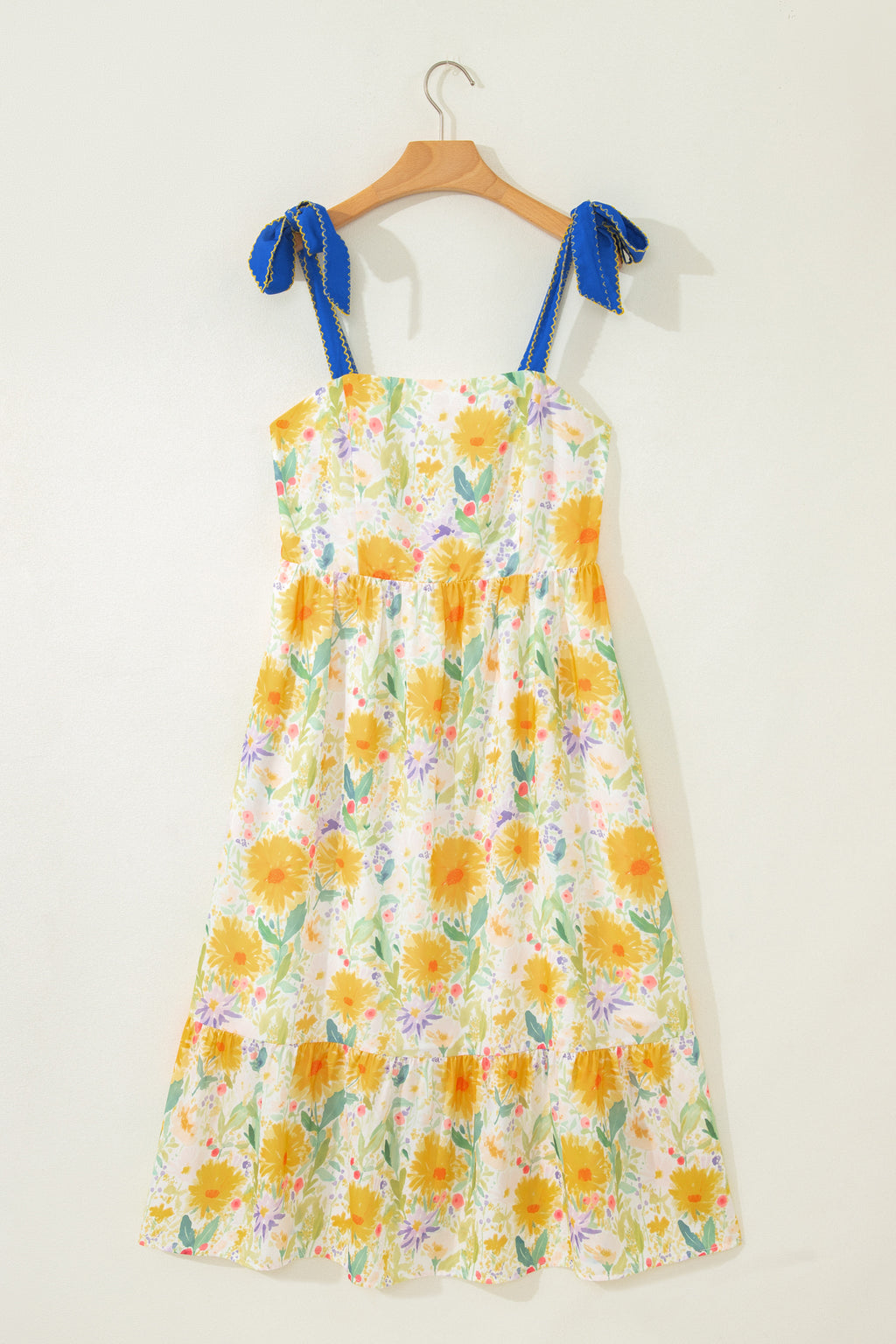 Yellow Floral Print Contrast Stitched Knot Denim Straps High Waist Dress
