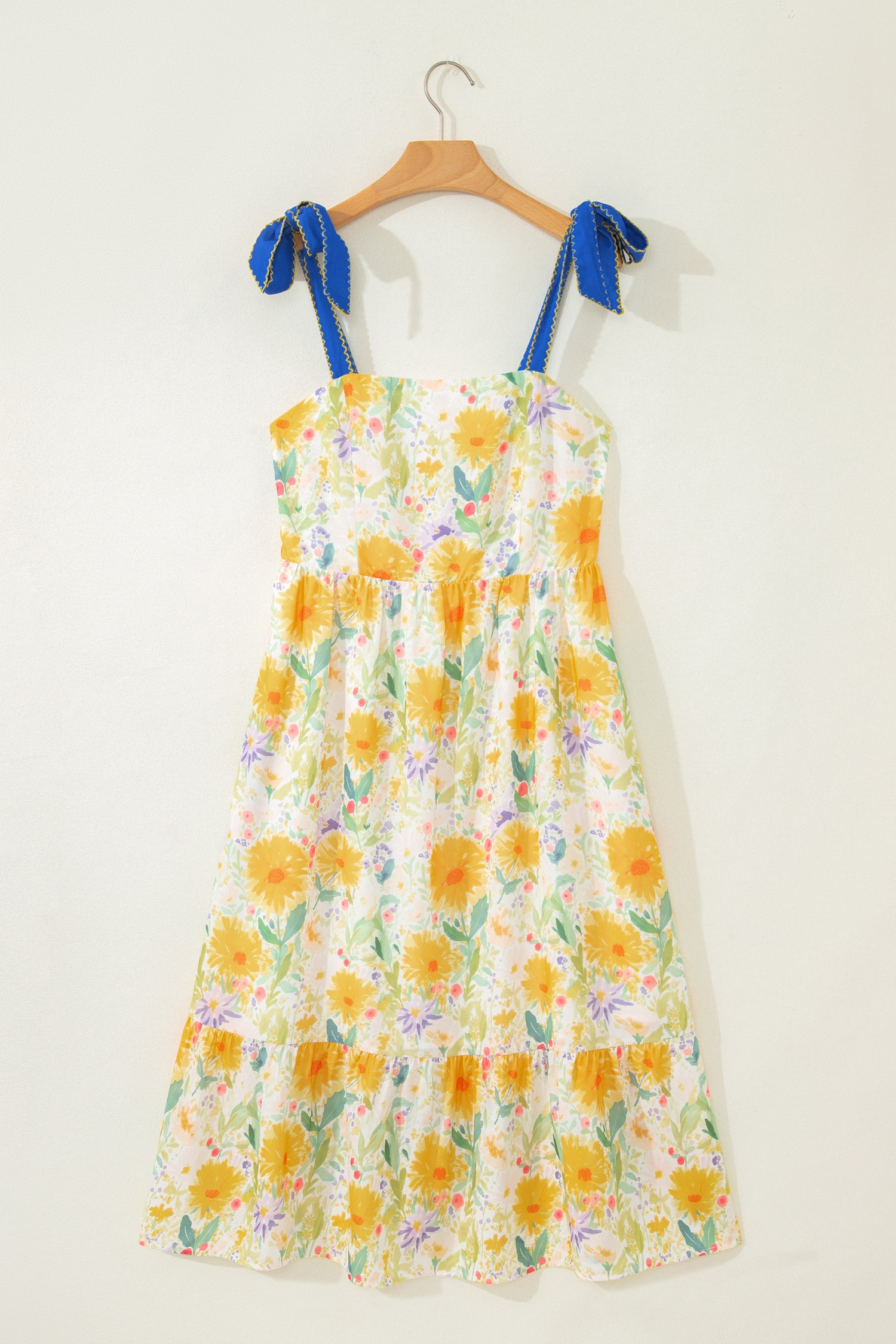 Yellow Floral Print Contrast Stitched Knot Denim Straps High Waist Dress