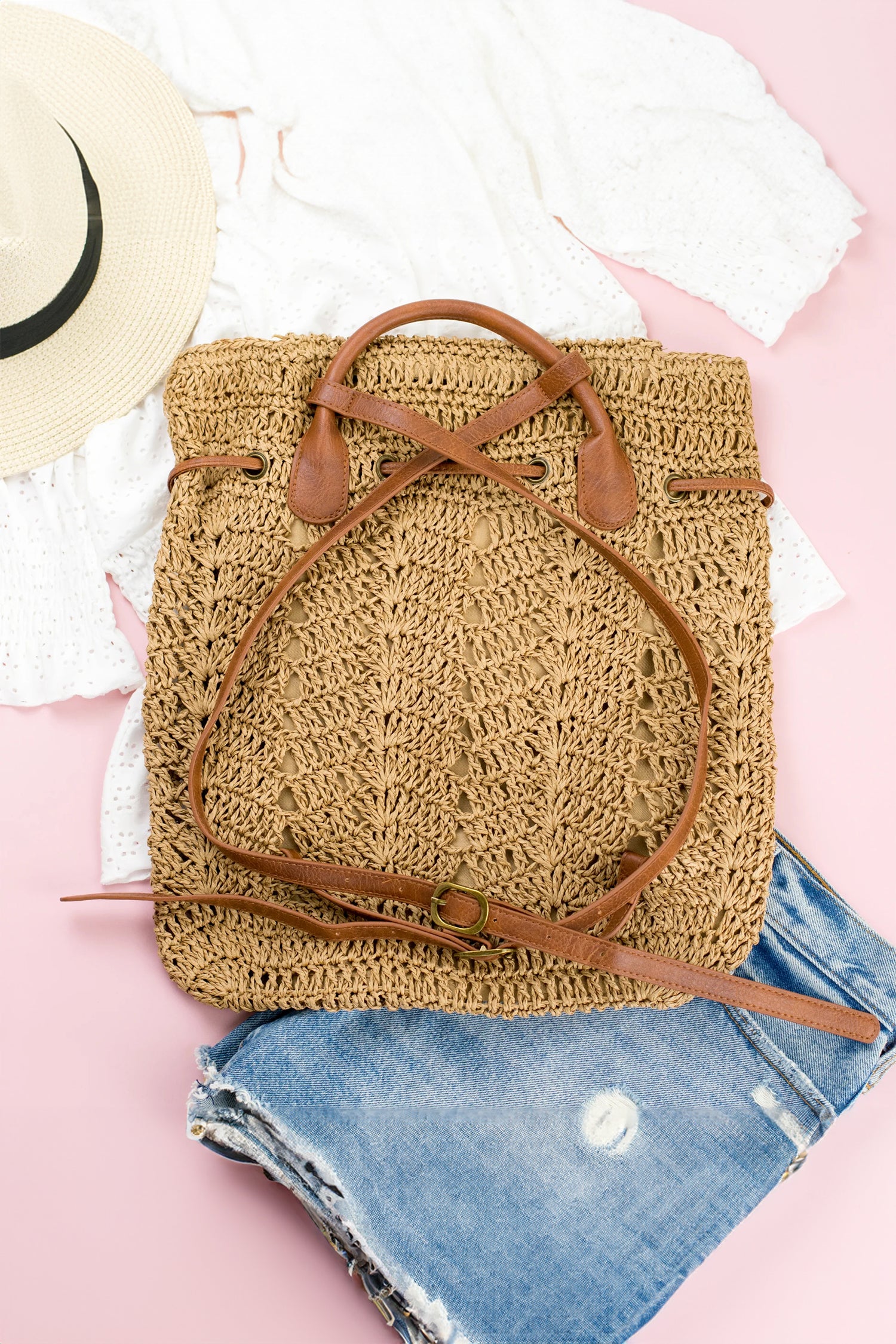 White Retro Straw Woven PU Leather Straps Casual Backpack