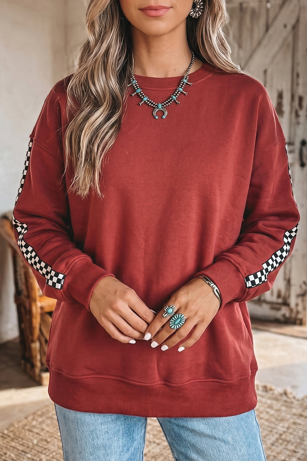 Mineral Red Checkered Trim Long Sleeve Round Neck Shift Sweatshirt