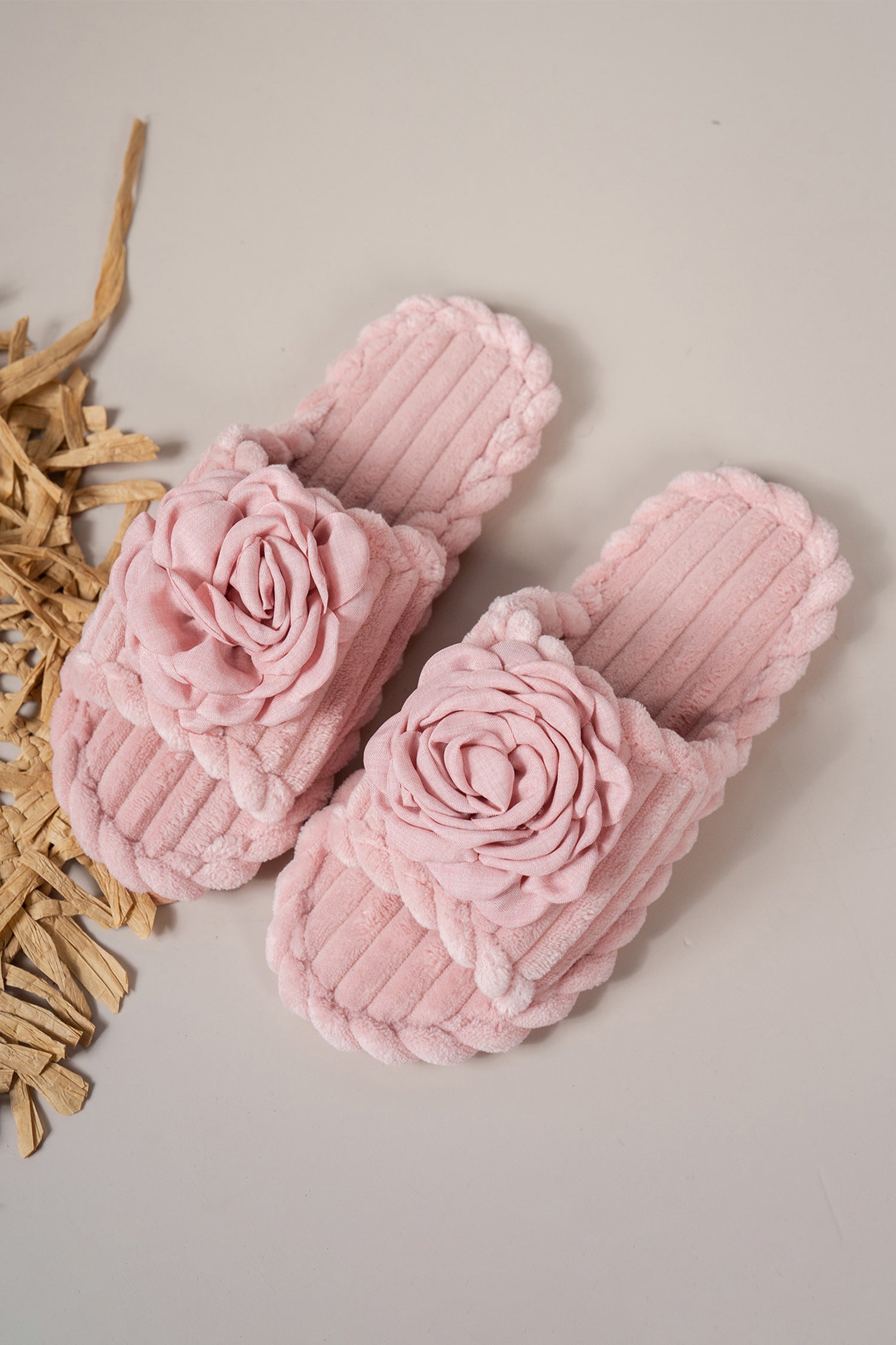 Pink Solid Color 3D Flower Accent Corded Ribbed Open Toe Slippers