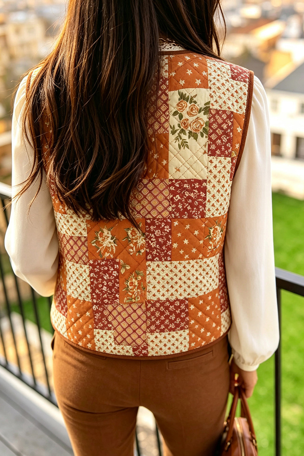 Golden Fleece Quilted Floral Patchwork Contrast Trim V Neck Button Vest