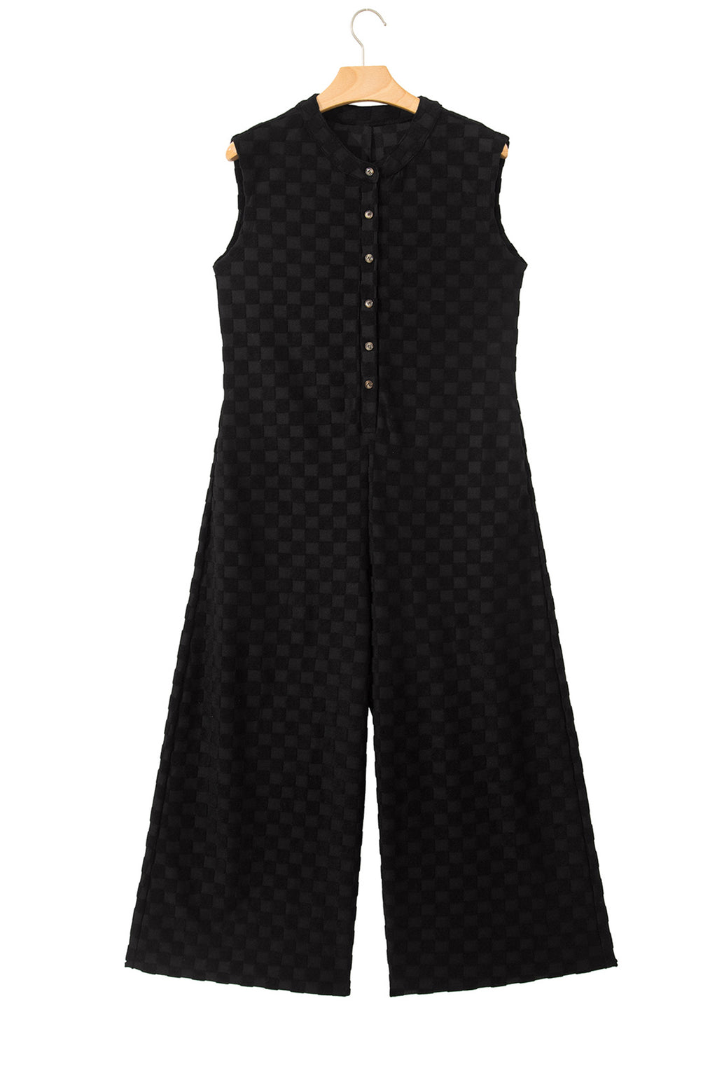 Black Half Buttons Sleeveless Wide Leg Textured Jumpsuit