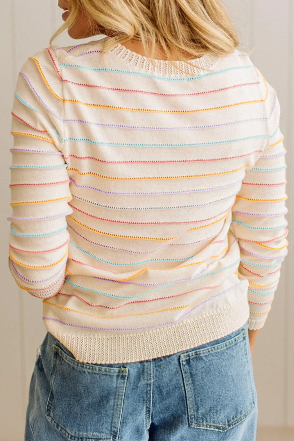 Beige Stripe Colorful Stripes Crew Neck Knit Sweater