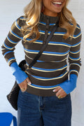 Chicory Coffee Ribbed Knit Contrast Cuff Henley Button Sweater