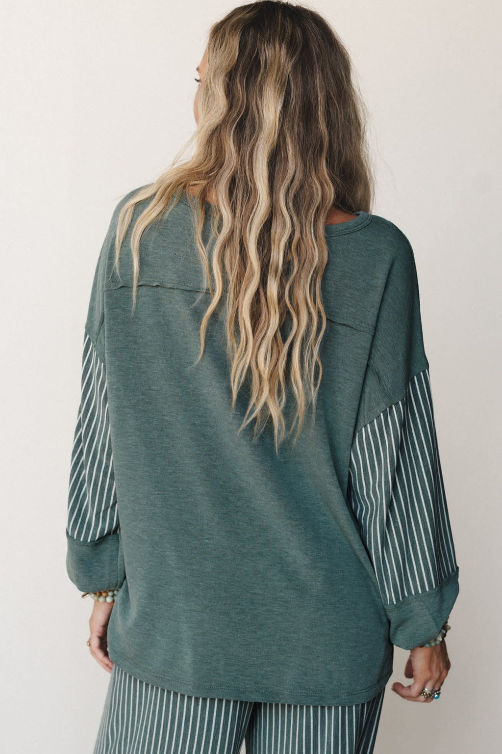 Green Bay Raw Seam Patchwork Long Sleeve Top Pocket Casual Pants 2pcs Set