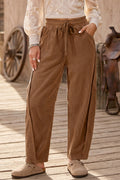 Coffee Corduroy Elastic Waist Drawstring Cargo Pants