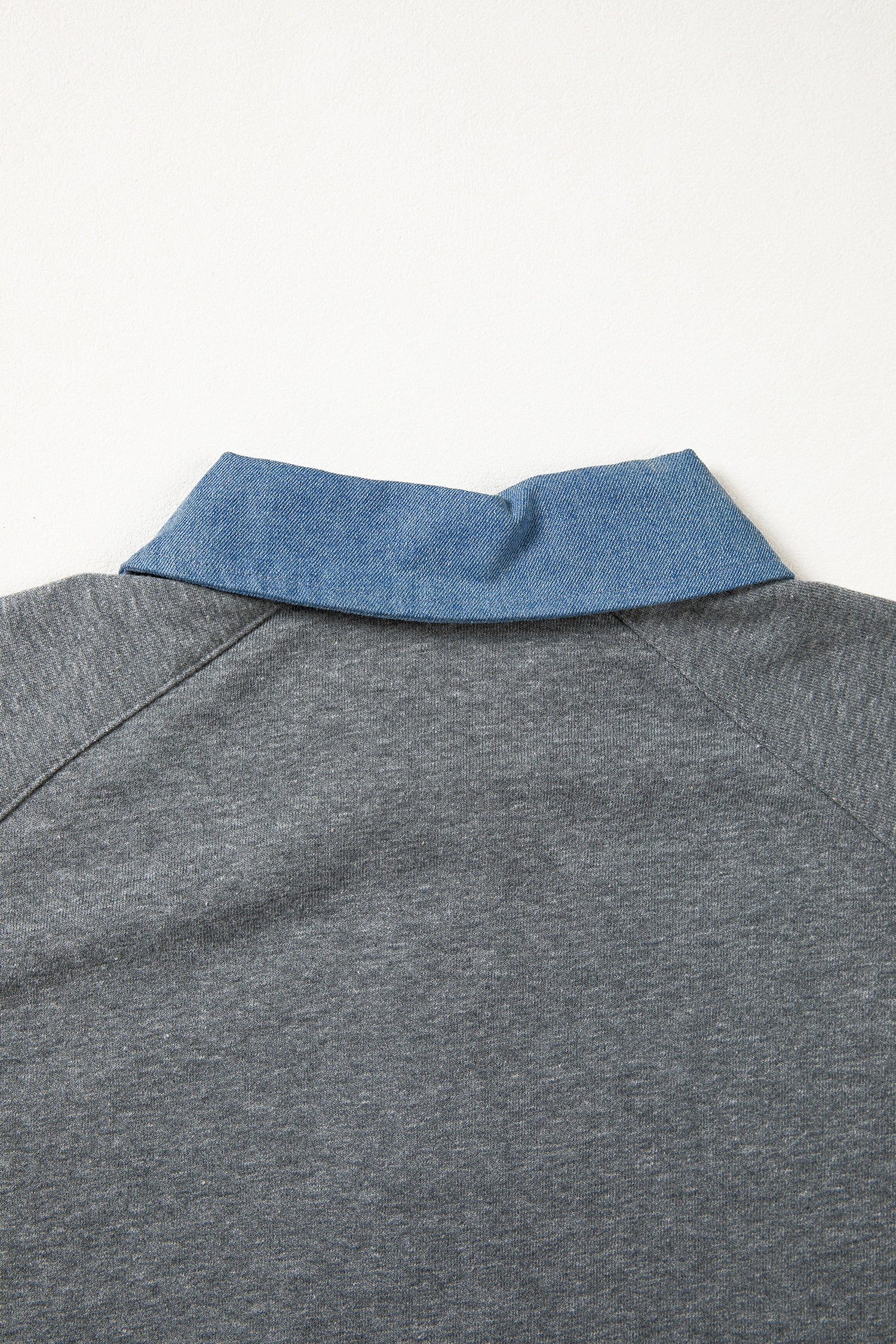 Carbon Grey Denim Color Block Patchwork Shirt Collar Short Sleeve Blouse