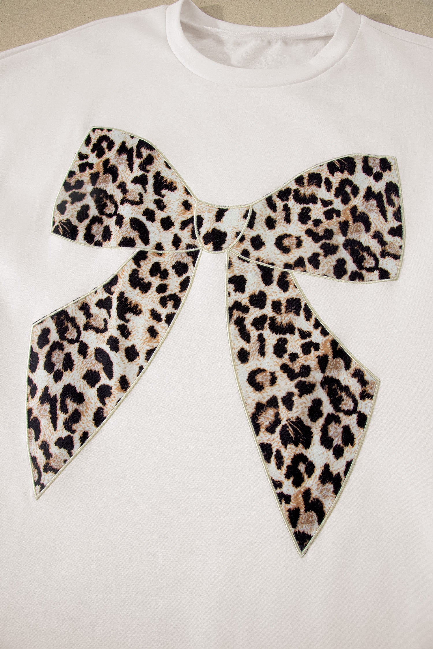 White Contrast Leopard Bow Patched Short Sleeve T Shirt Long Dress