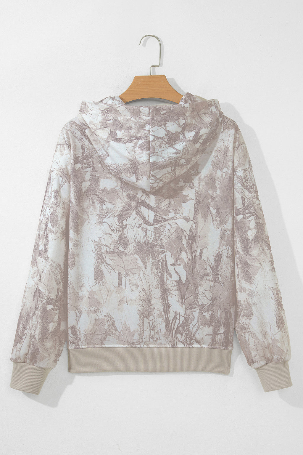 Gray Abstract Print Ribbed Cuffs Hem Long Sleeve Hoodie