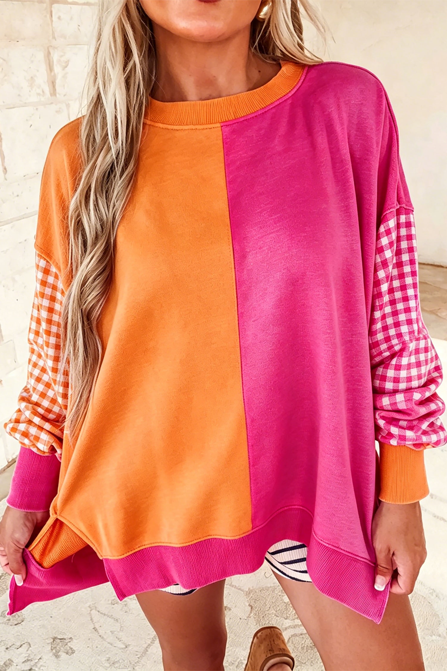 Rose Red Colorblock Gingham Sleeve Crewneck Sweatshirt