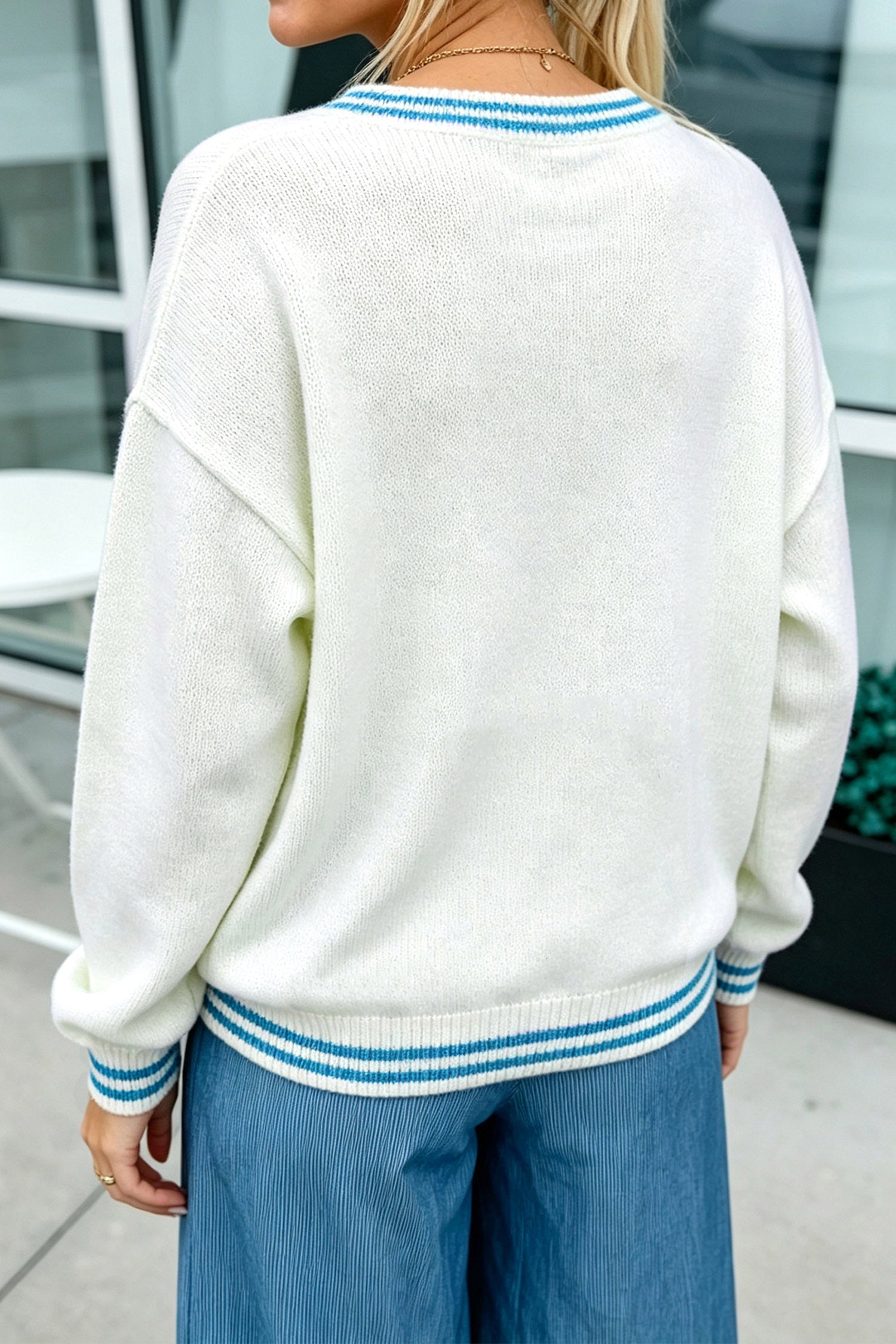 Light Blue Bulldog Contrast Trim Round Neck Casual Sweater
