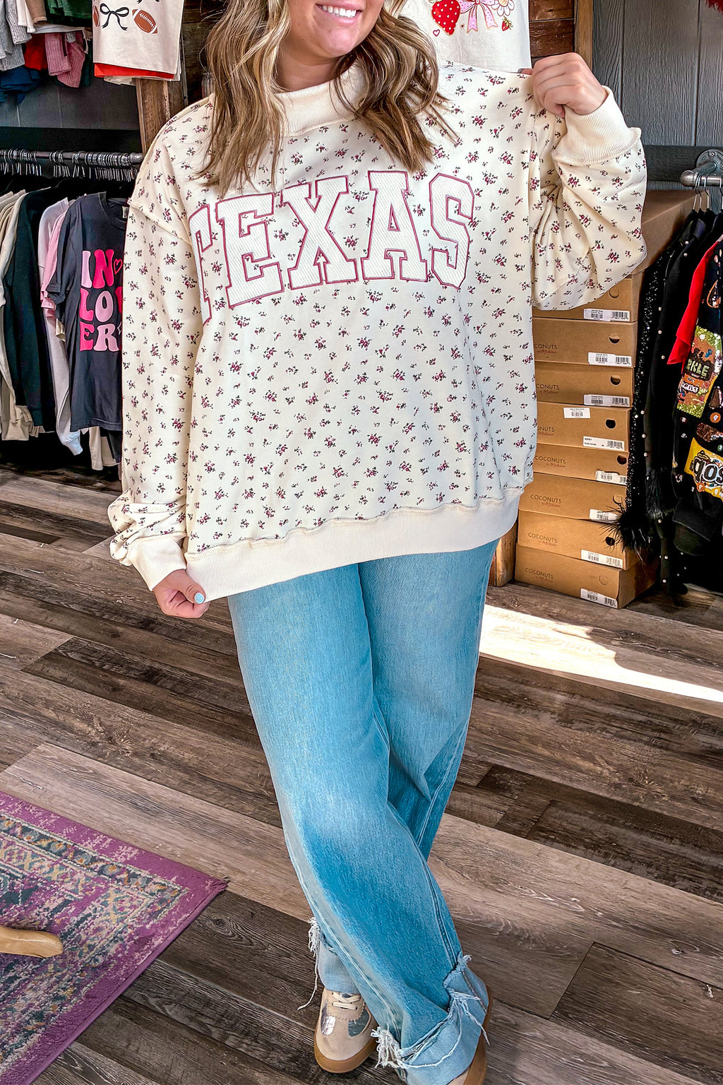 Apricot Floral Print Texas Long Sleeve Ribbed Neck Tunic Plus Size Sweatshirt