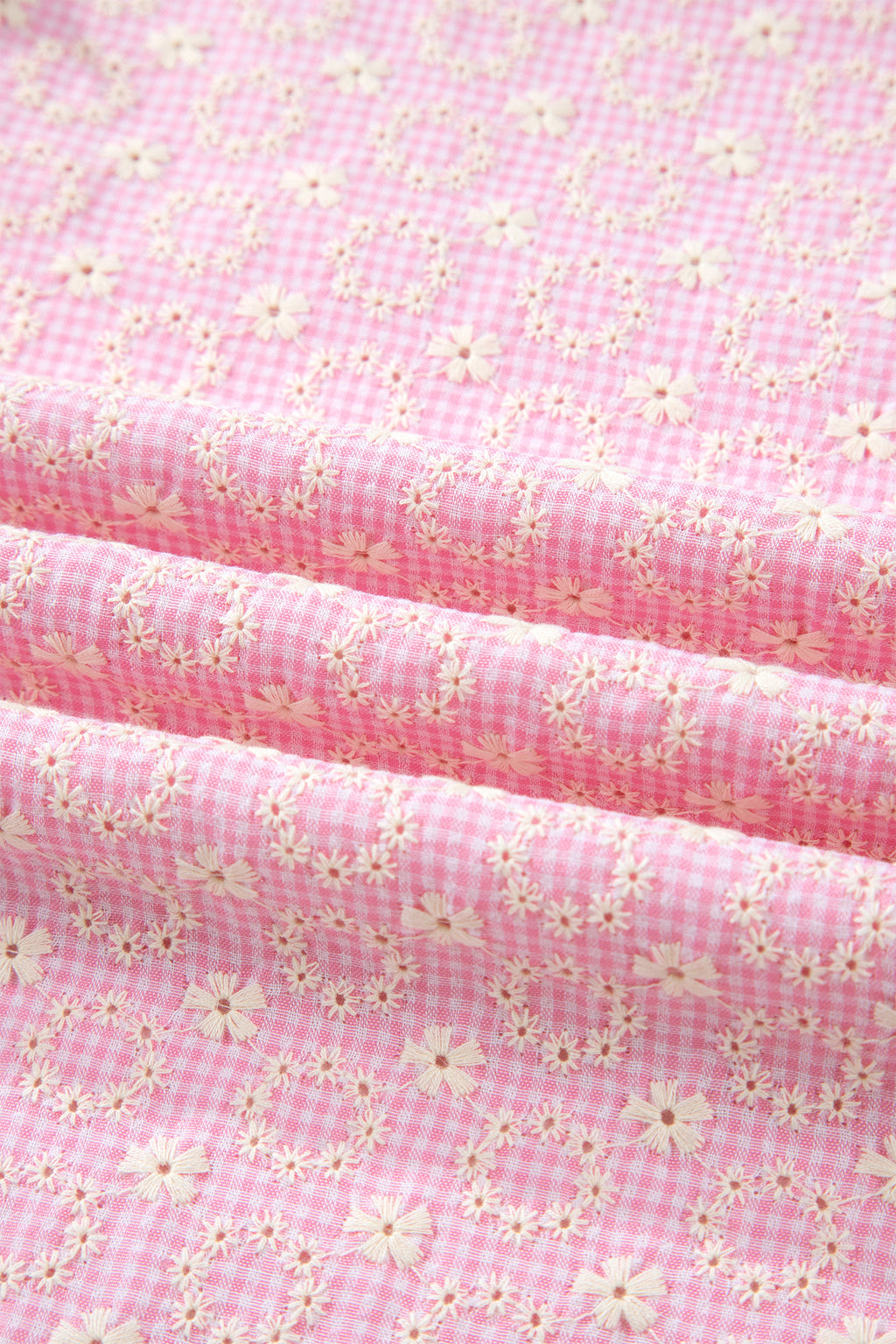 Pink Eyelet Embroidered Flower Texture Contrast Lace Trim Flutter Sleeve Blouse