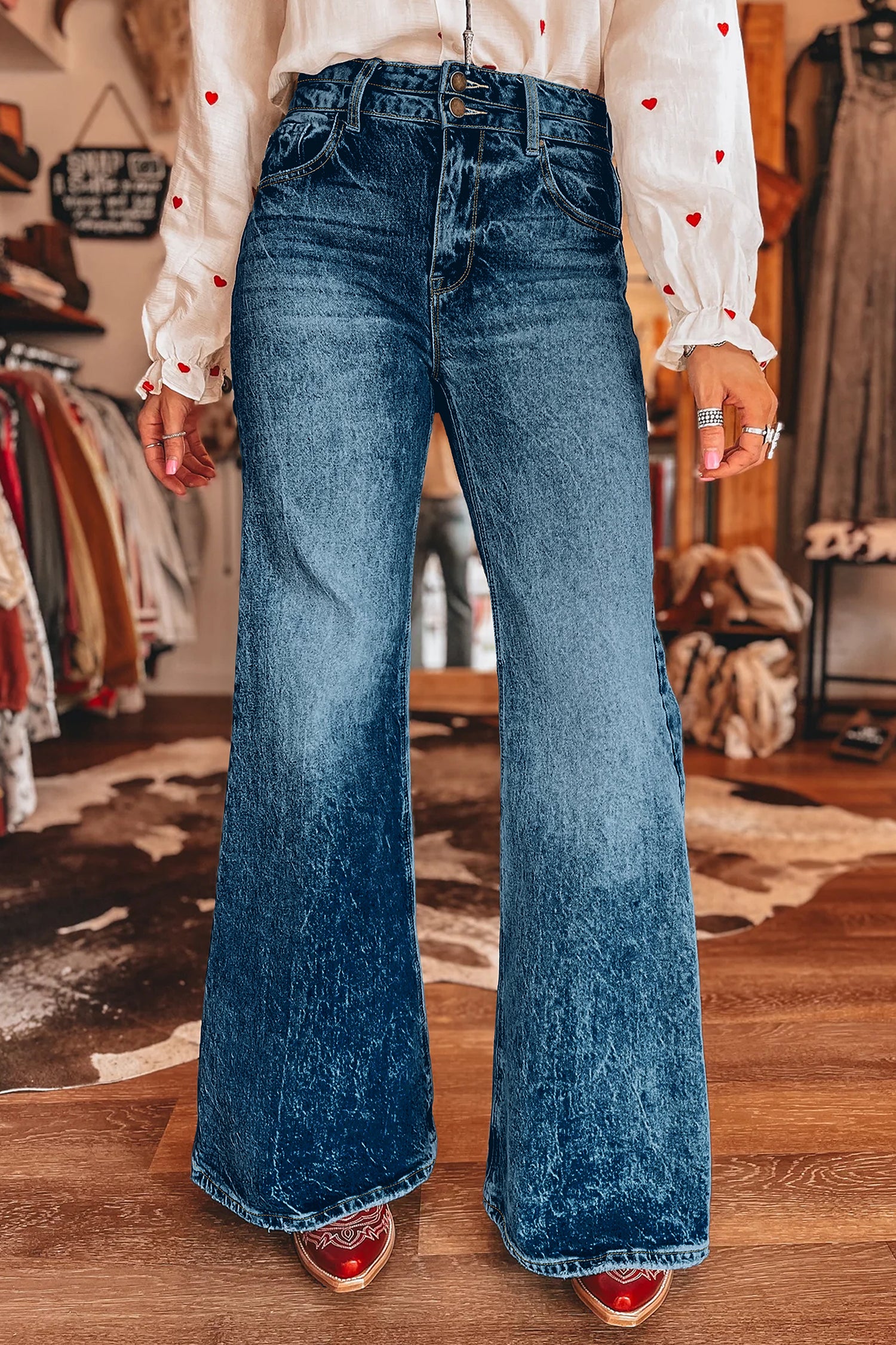 Sail Blue Acid Wash Pocket Detail Flare Jeans