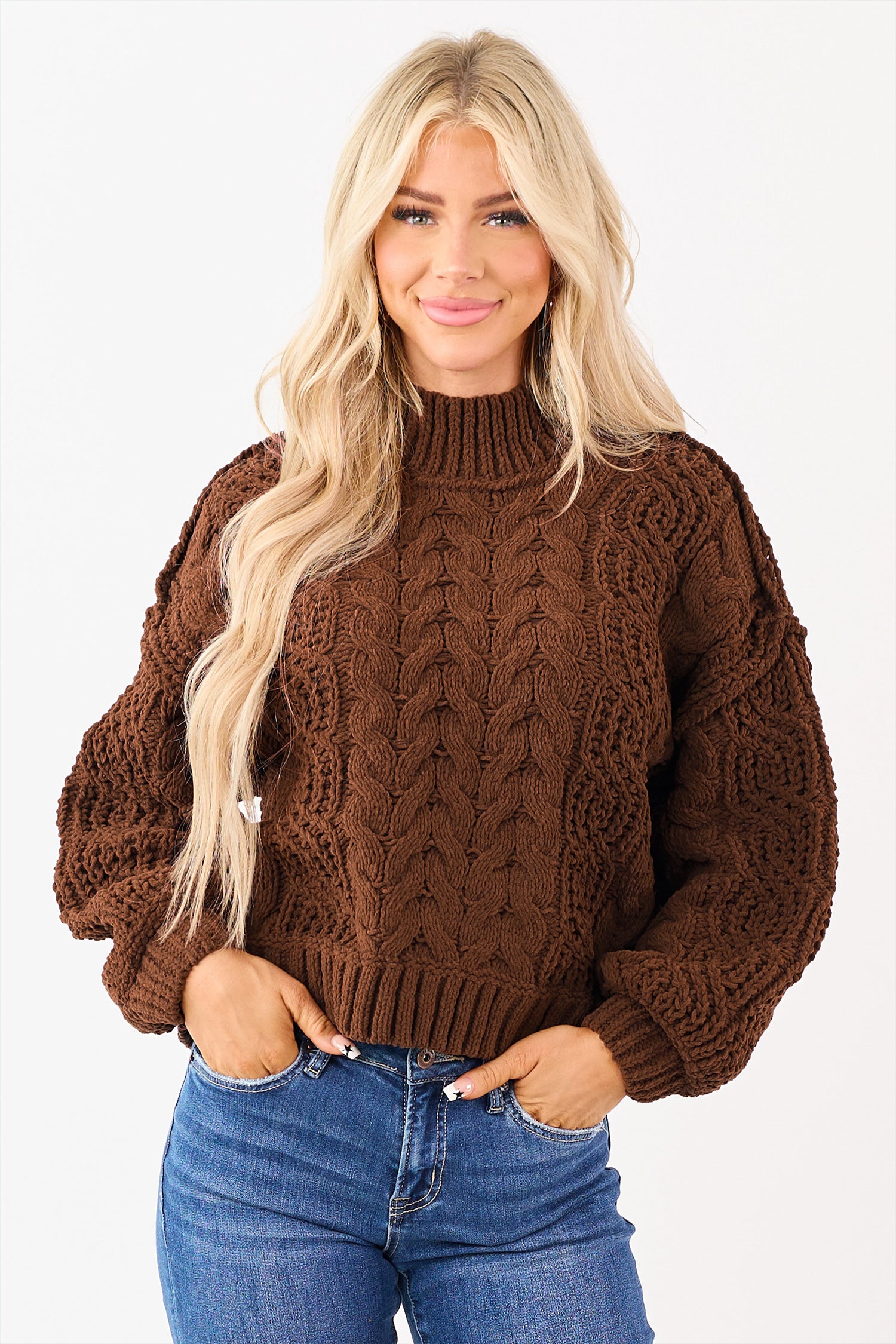Coffee Solid Color Cable Knit High Neck Loose Pullover Sweater