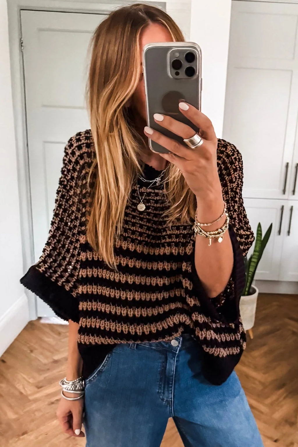 Black Stripe 3/4 Draped Sleeve Slouchy Sweater