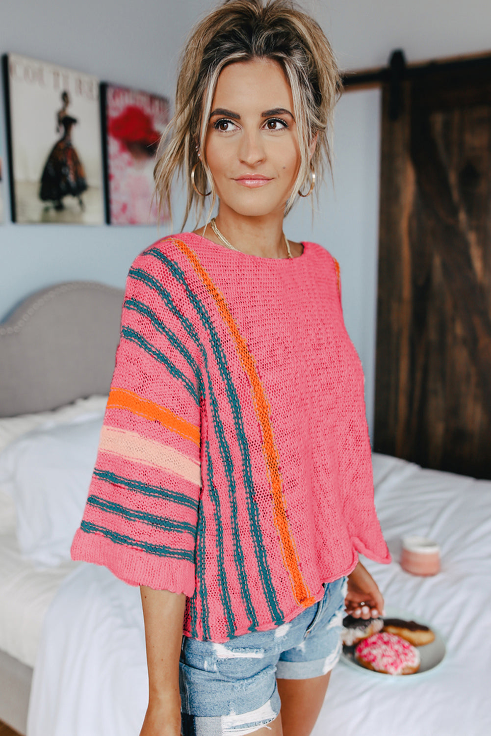 White Striped Detail Wide Sleeve Lightweight Knitted Sweater