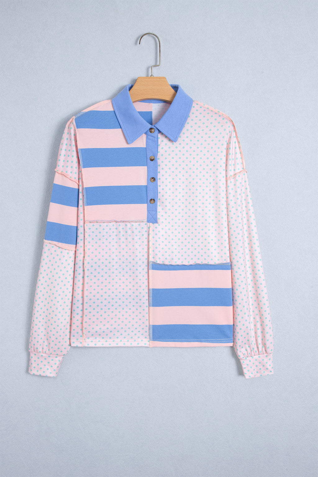 Pink Striped Polka Dot Patchwork Polo Collar Long Sleeve Top