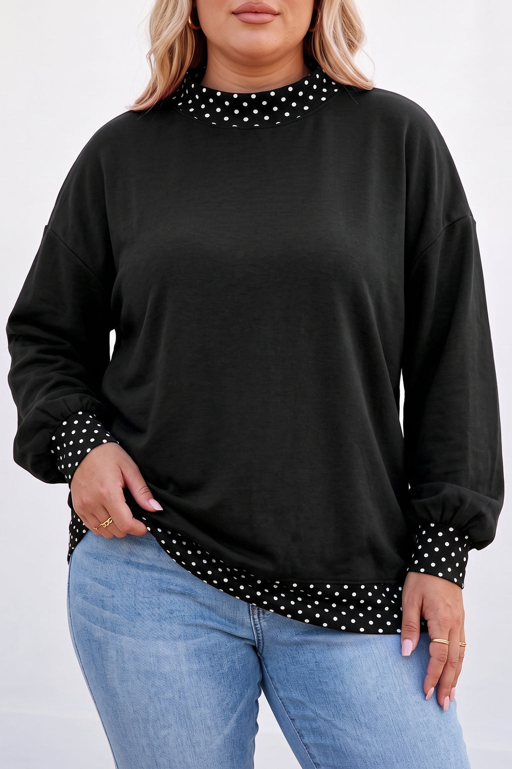Red Dahlia Polka Dot Patchwork Round Neck Plus Size Sweatshirt