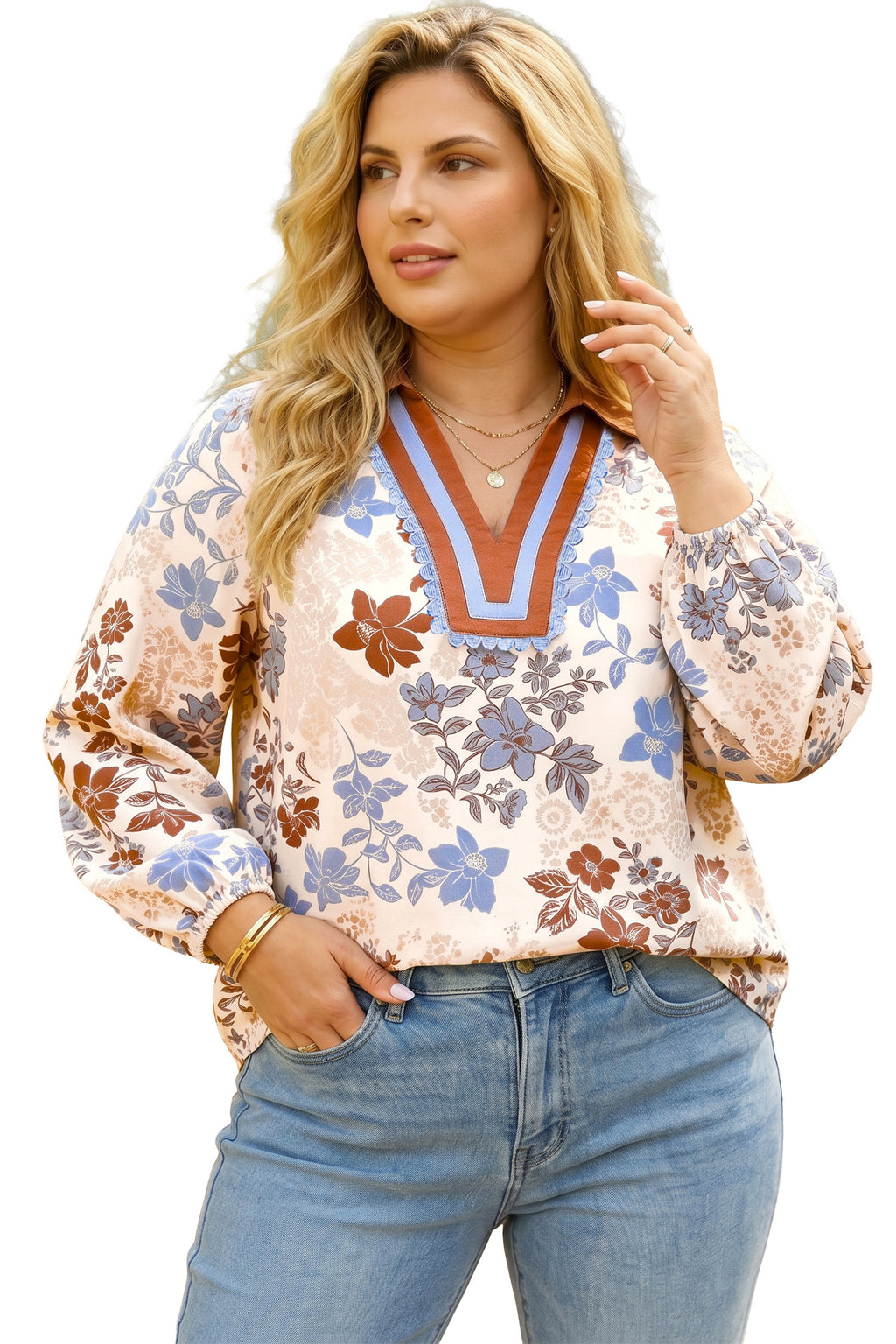 White Plus Size Floral Print Contrast Collar V Neck Long Sleeve Blouse