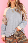 Light Grey Color Block Floral Waffle Mixed Patchwork Long Sleeve Top