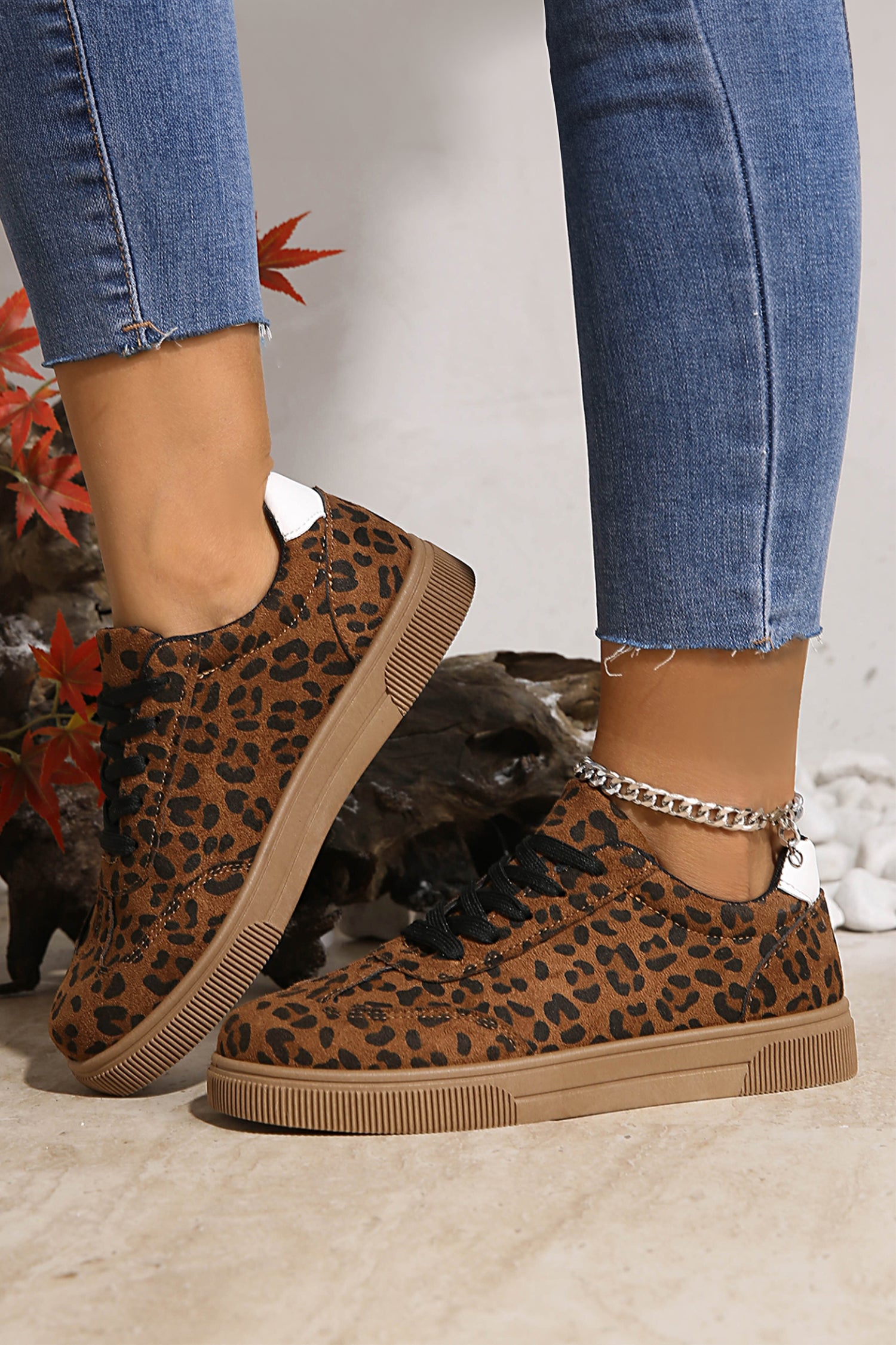 Coffee Leopard Print Contrast Heel Tab Patchwork Laceup Shoes