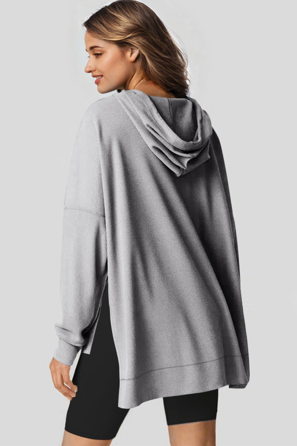 Coffee Waffle Knit Fleece Lined High Low Oversized Hoodie