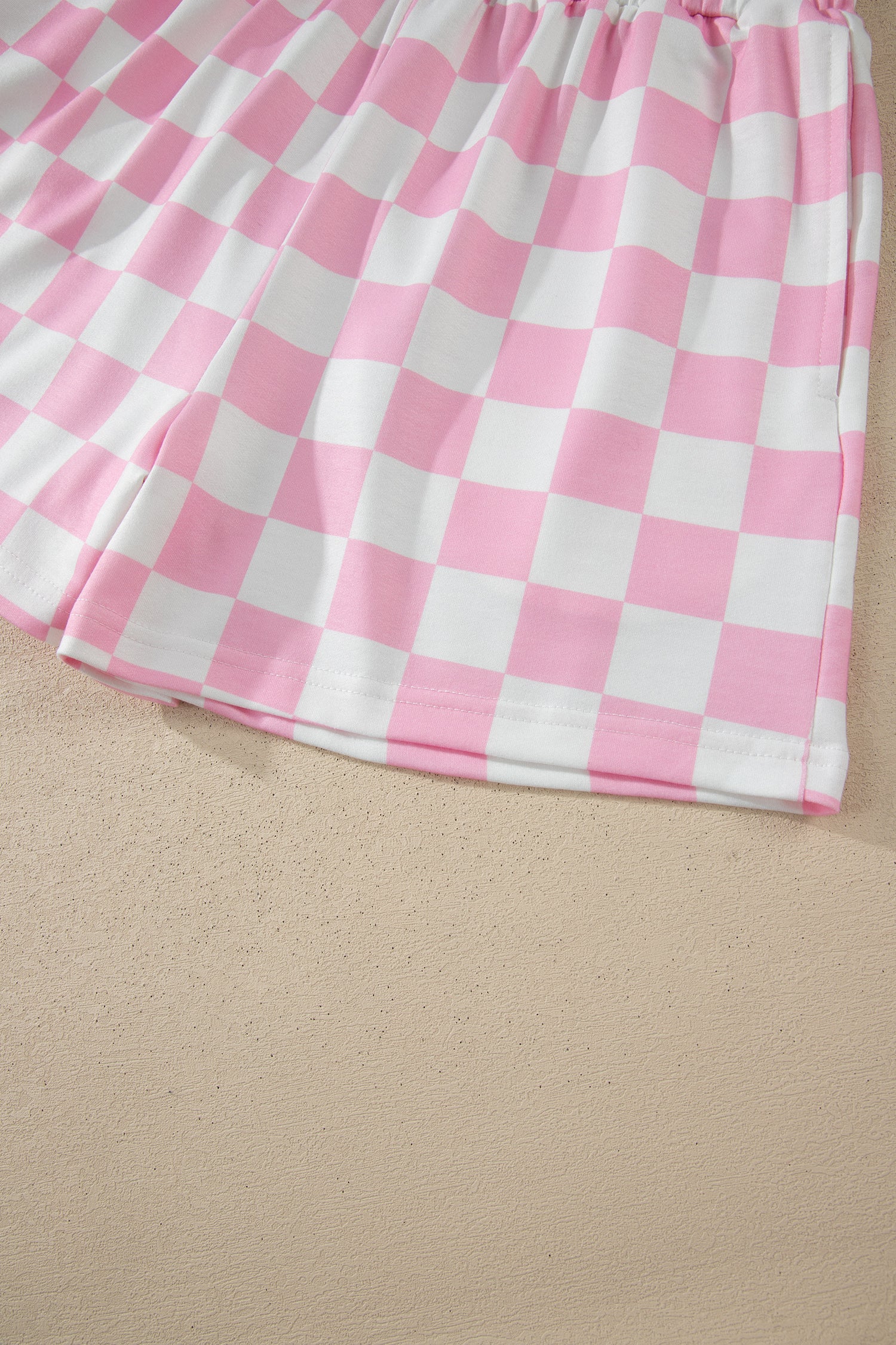 Pink Checkered Print Color Block Trim Mock Neck Short Set