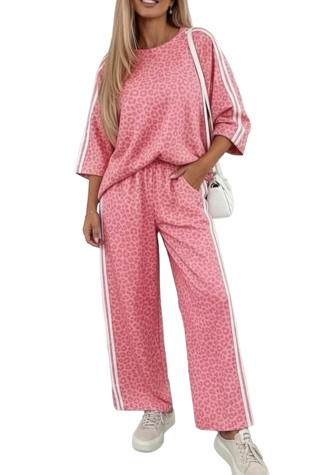 Apricot Leopard Print Varsity Striped Detail 3/4 Sleeve Top Shift Pant Set