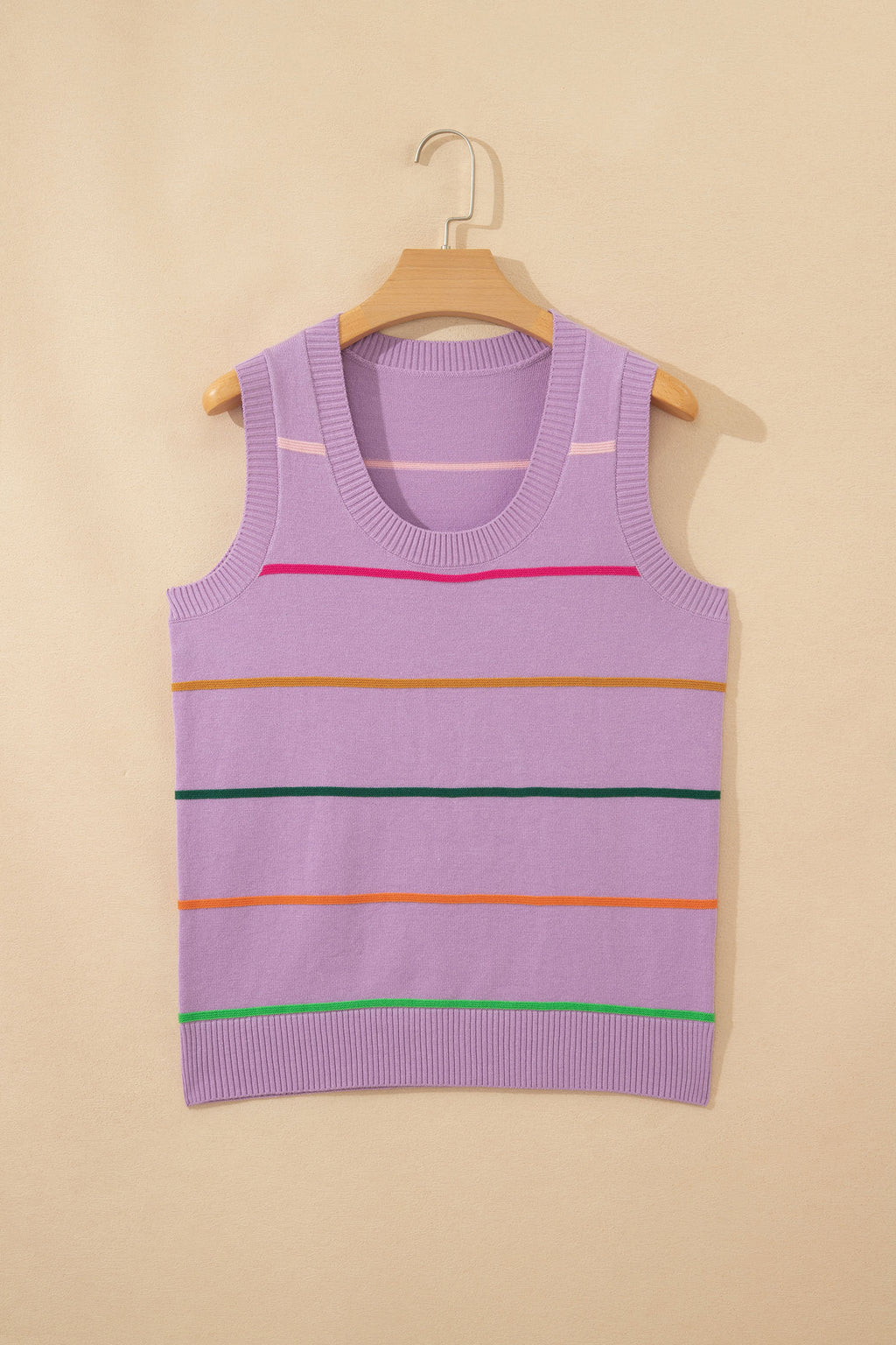 Purple Stripe Round Neck Knitted Sweater Tank