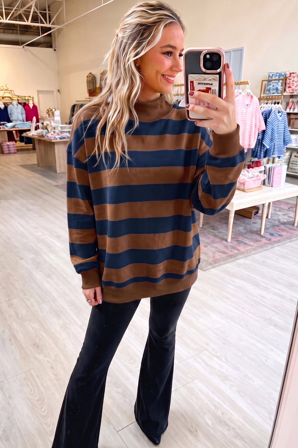 Brown Stripe Colorblock Mock Neck Relaxed Sweatshirt