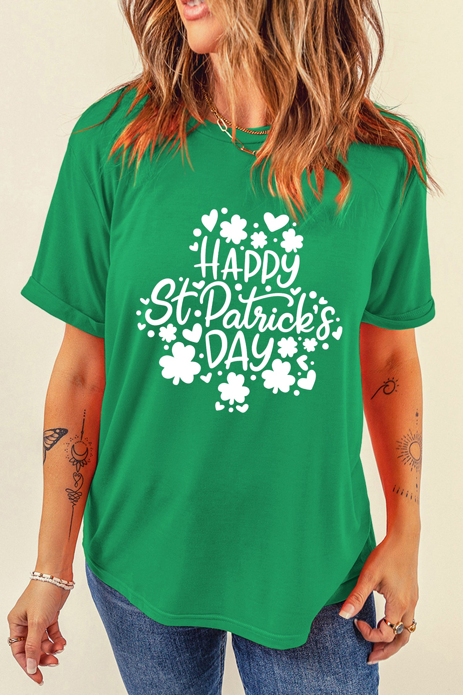 Bright Green Happy St Patricks Day Clover Printed Casual T Shirt