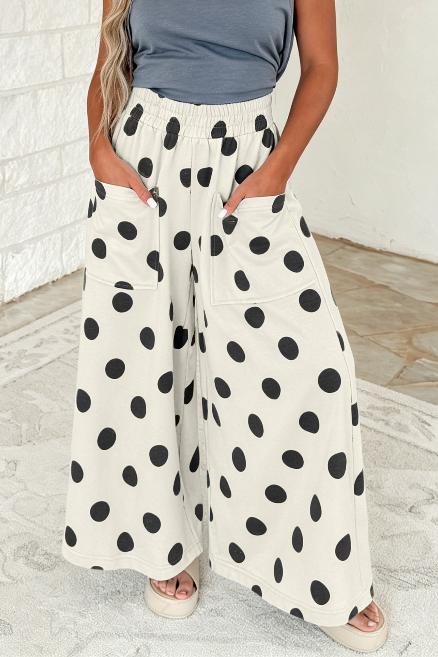 Sky Blue Polka Dot Wide Leg Elastic Waist Casual Pants