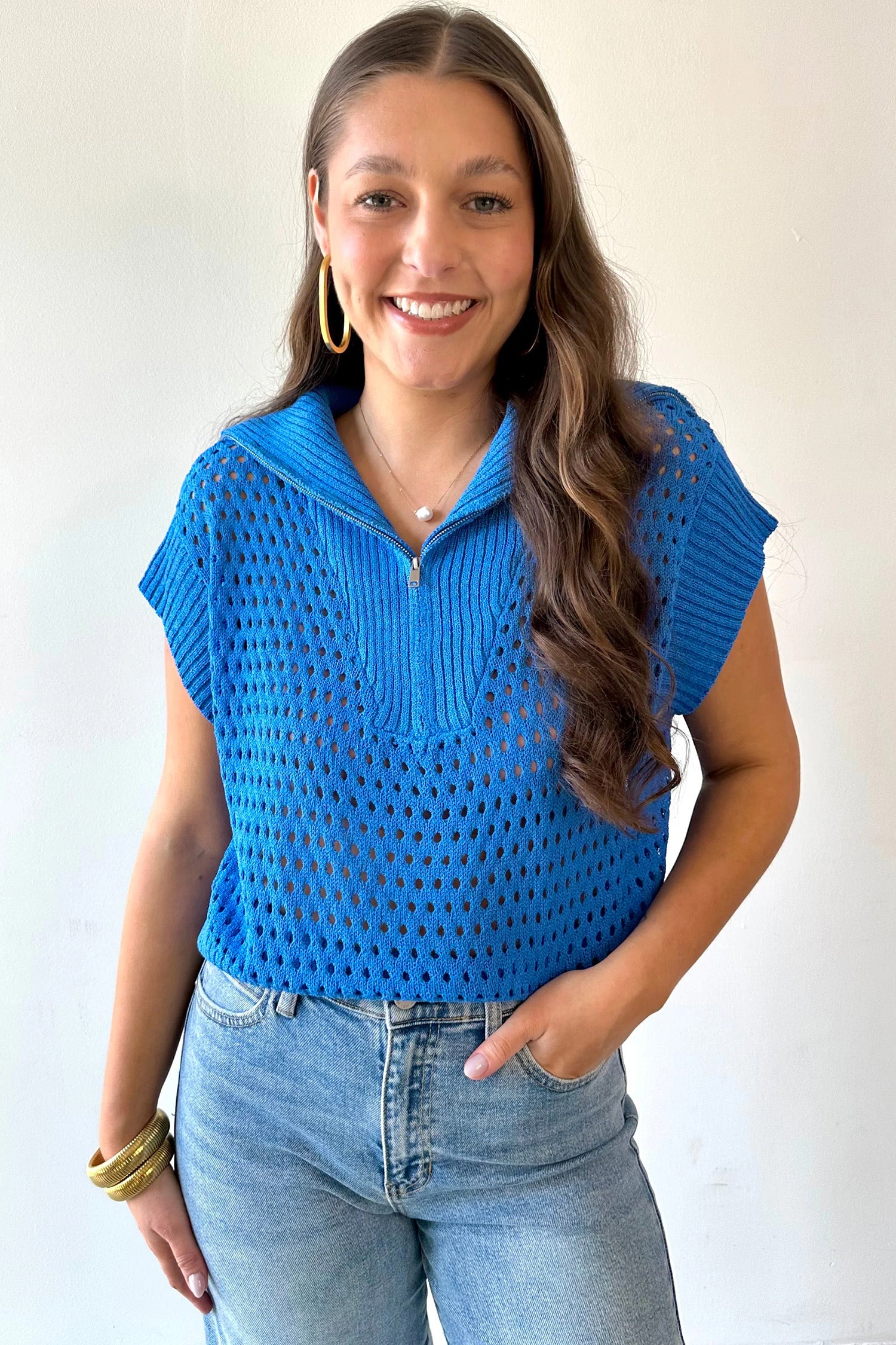 Sky Blue Solid Color Hollowed Knit Short Sleeve Zipper Collar Knitwear Top