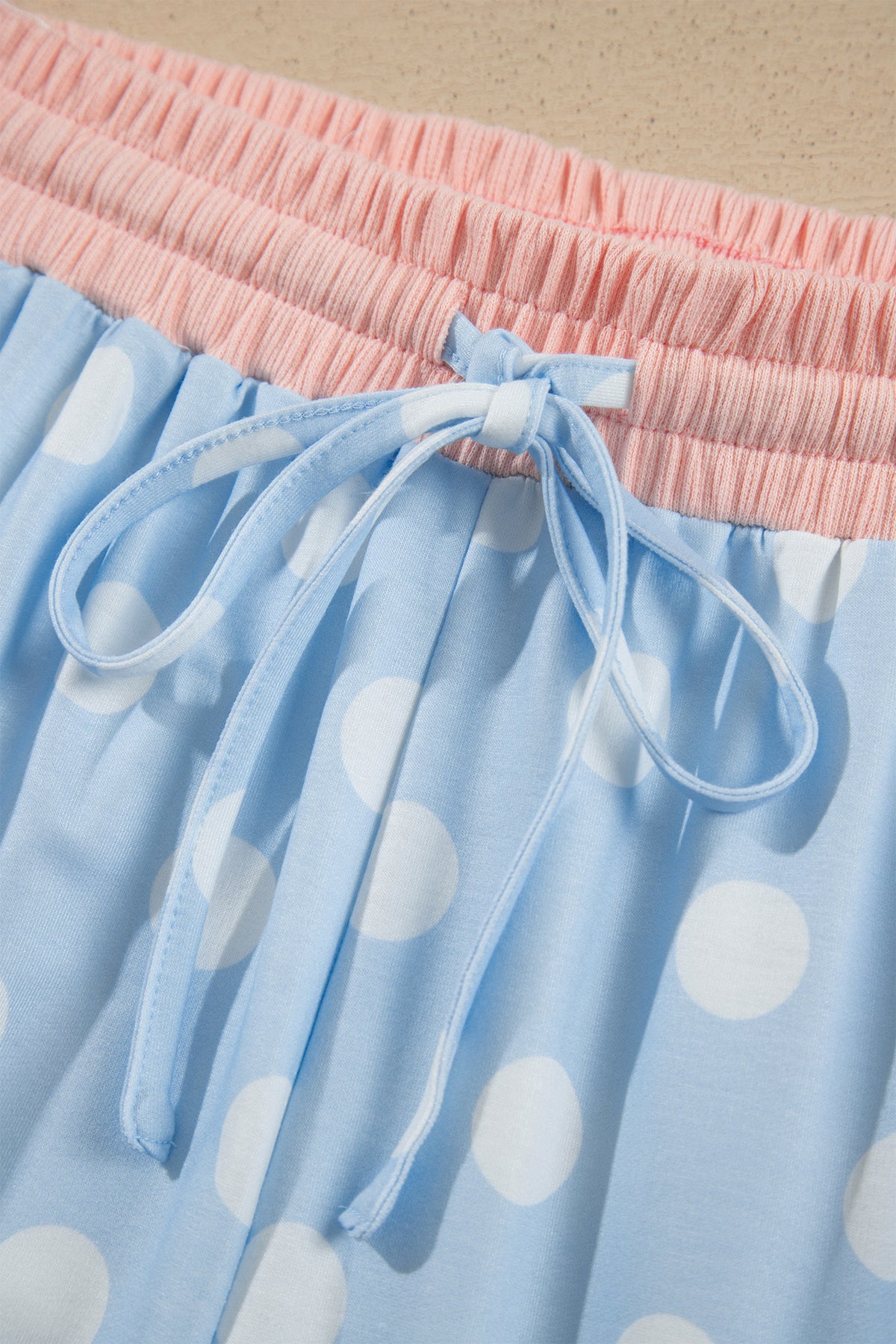 Pink Polka Dot Contrast Trim Long Sleeve Top Drawstring Shift Pants Set