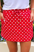 Fiery Red Polka Dot Drawstring Casual Mini Skort