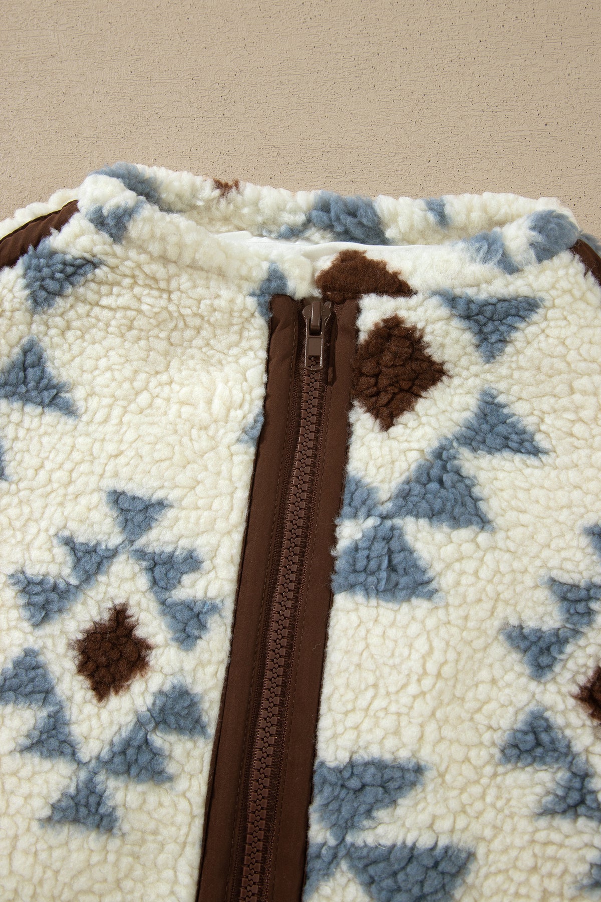 Beige Geometric Print Sherpa Western Style Long Sleeve Sweatshirt